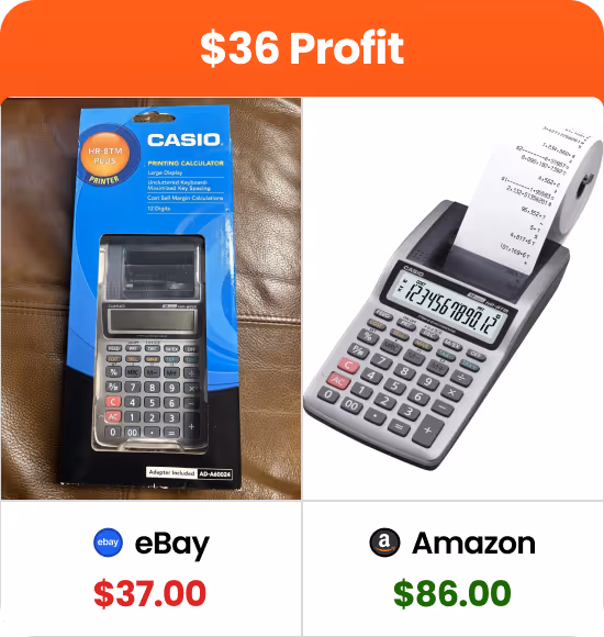 Comparison of Casio printing calculator priced at $37 on eBay and $86 on Amazon, highlighting a $36 profit opportunity.