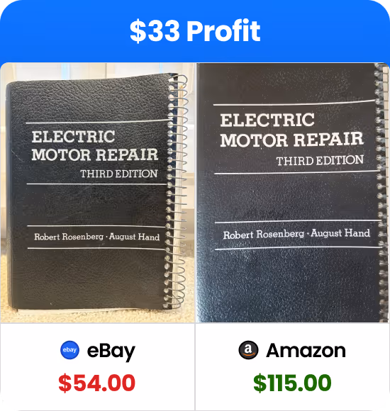 Comparison of book 'Electric Motor Repair, Third Edition' listing prices on eBay and Amazon showing $54 on eBay and $115 on Amazon with $33 profit text above.