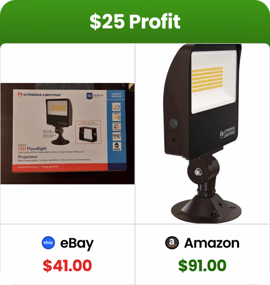 Comparison of Lithonia Lighting LED Floodlight prices showing $41 on eBay and $91 on Amazon with a $25 profit highlight.