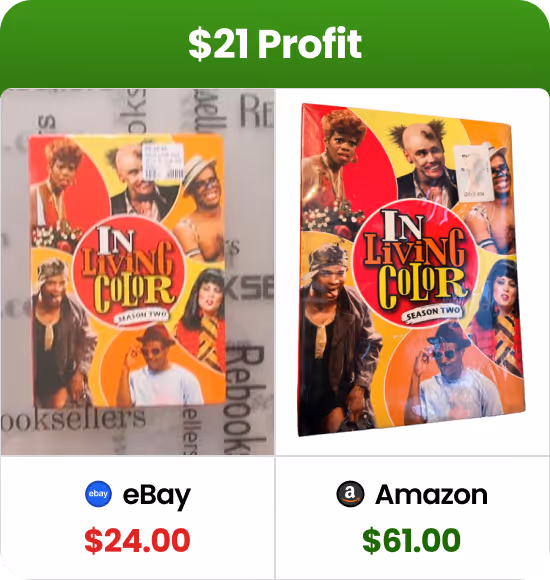 Comparison of 'In Living Color Season Two' DVD cases sold on eBay for $24 and Amazon for $61, showing a $21 profit.