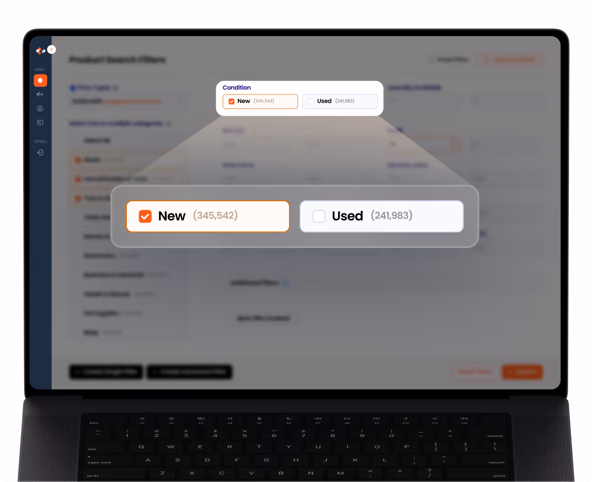Laptop screen showing a product search filter with a highlighted condition filter selecting 'New' with 345,542 items and an unselected 'Used' option with 241,983 items.