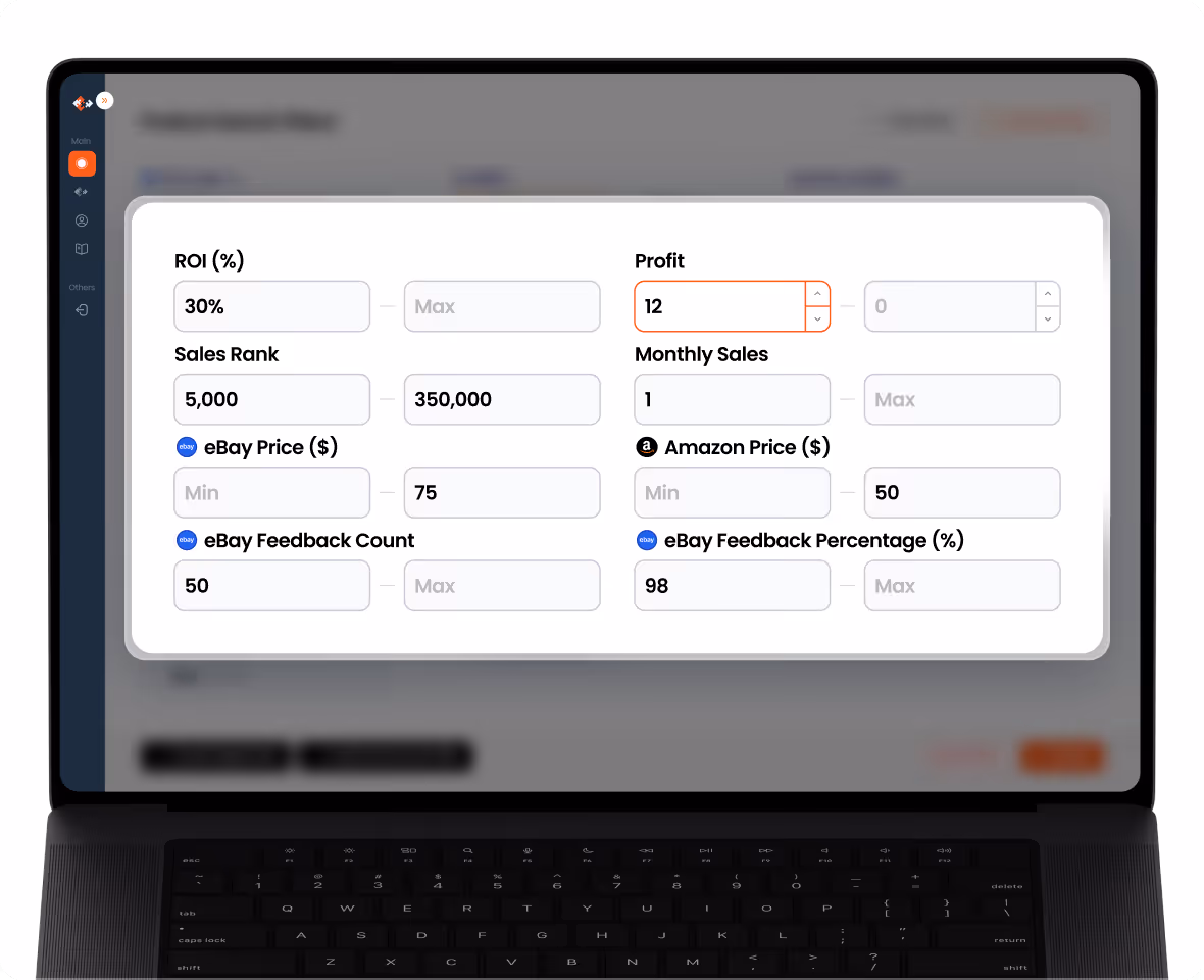 Laptop screen showing a sales filter panel with fields for ROI percentage, Profit, Sales Rank, Monthly Sales, eBay Price, Amazon Price, eBay Feedback Count, and eBay Feedback Percentage.