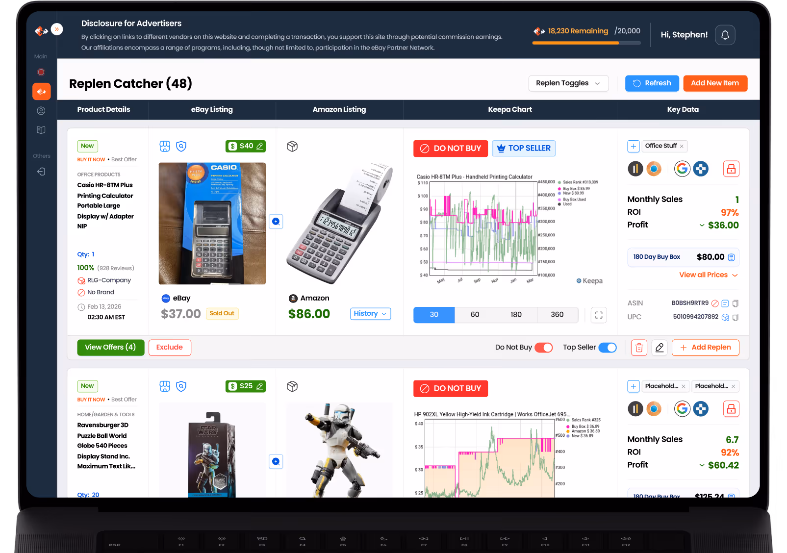 Dashboard screen showing product details, eBay and Amazon listings, Keepa price charts, and sales data for items including a Casio printing calculator and a Star Wars puzzle figure.