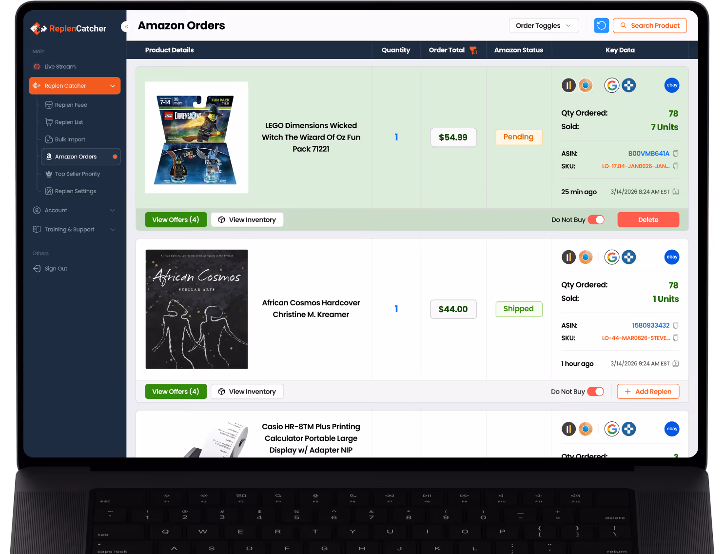 Laptop screen displaying ReplenCatcher Amazon Orders interface with product details, quantities, prices, order status, and key data for LEGO Dimensions Wicked Witch, African Cosmos book, and Casio printing calculator.