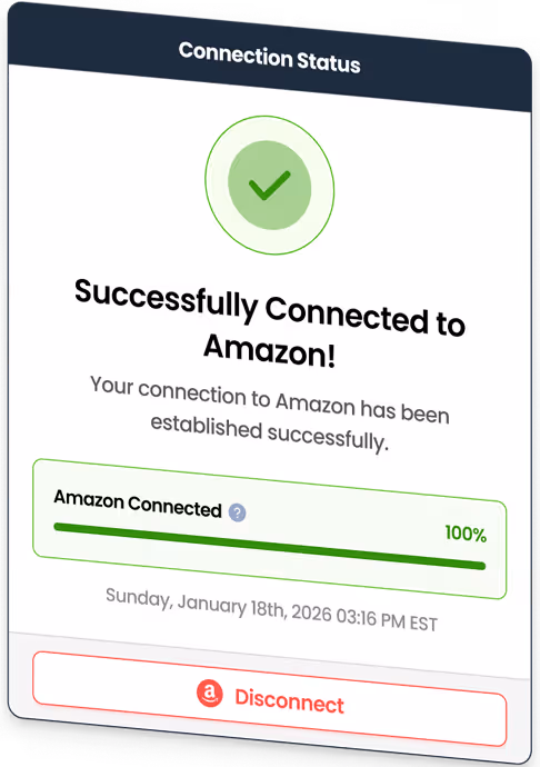Connection status screen showing a green checkmark and message Successfully Connected to Amazon with a 100% connection bar and disconnect button.