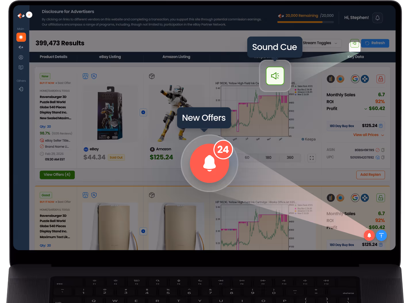 Laptop screen displaying an online product dashboard with listings, pricing, sales data, and notification icons for new offers and sound cue alerts.