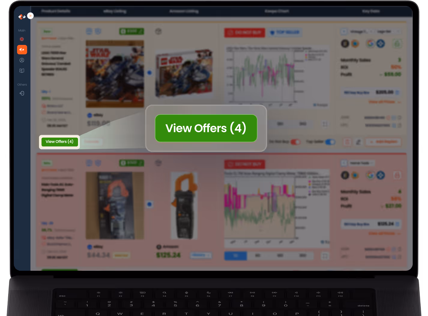 MacBook Pro screen showing a dashboard with product listings, price graphs, and a highlighted green button labeled 'View Offers (4)'.