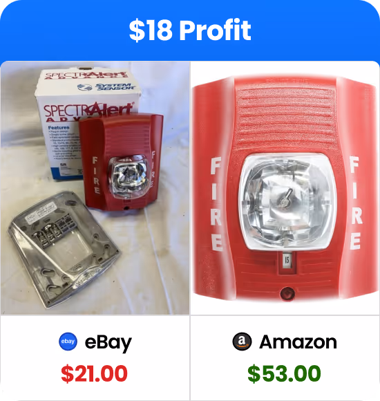 Comparison of a red fire alarm device sold for $21.00 on eBay and $53.00 on Amazon showing an $18 profit.