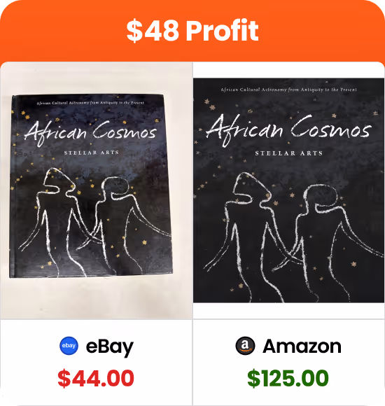 Comparison of African Cosmos Stellar Arts book prices on eBay for $44 and Amazon for $125, showing a $48 profit.