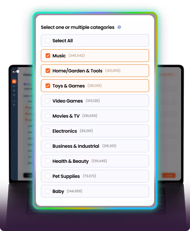 Selection panel with checkboxes for categories: Music, Home/Garden & Tools, and Toys & Games are checked; others like Video Games, Movies & TV, Electronics, Business & Industrial, Health & Beauty, Pet Supplies, and Baby are unchecked.