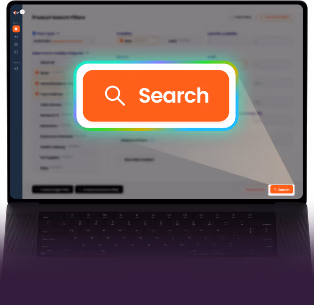 Laptop screen showing a blurred web interface with a highlighted orange Search button featuring a magnifying glass icon.