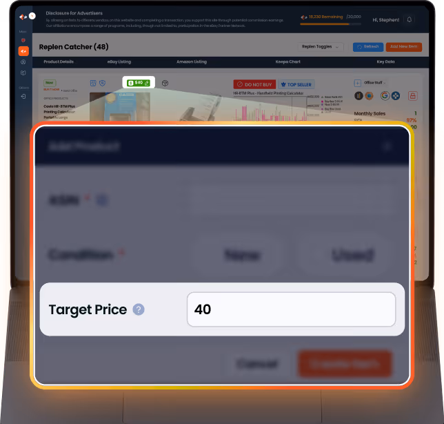 Web application interface showing a 'Target Price' input box with the value set to 40.