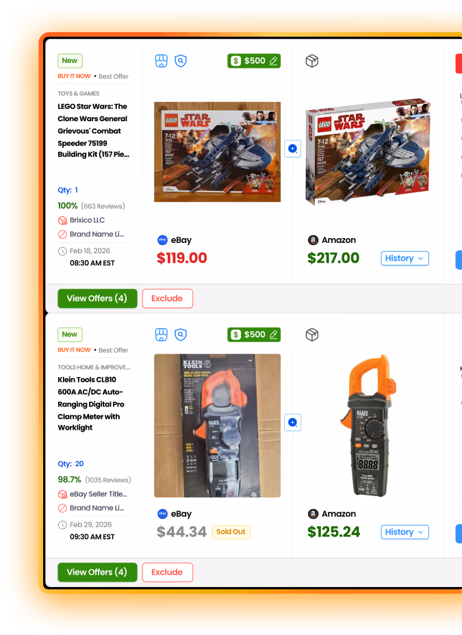 Screen showing price comparison for LEGO Star Wars Clone Wars General Grievous' Combat Speeder and Klein Tools CL810 digital clamp meter on eBay and Amazon.