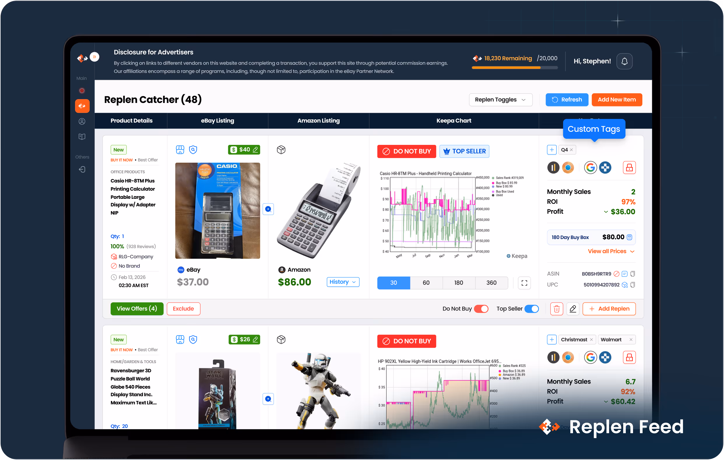 Dashboard interface of Replen Catcher showing product listings with prices, sales data, charts, and buy recommendations including items like Casio HR-8TM Plus calculator and Star Wars action figure.