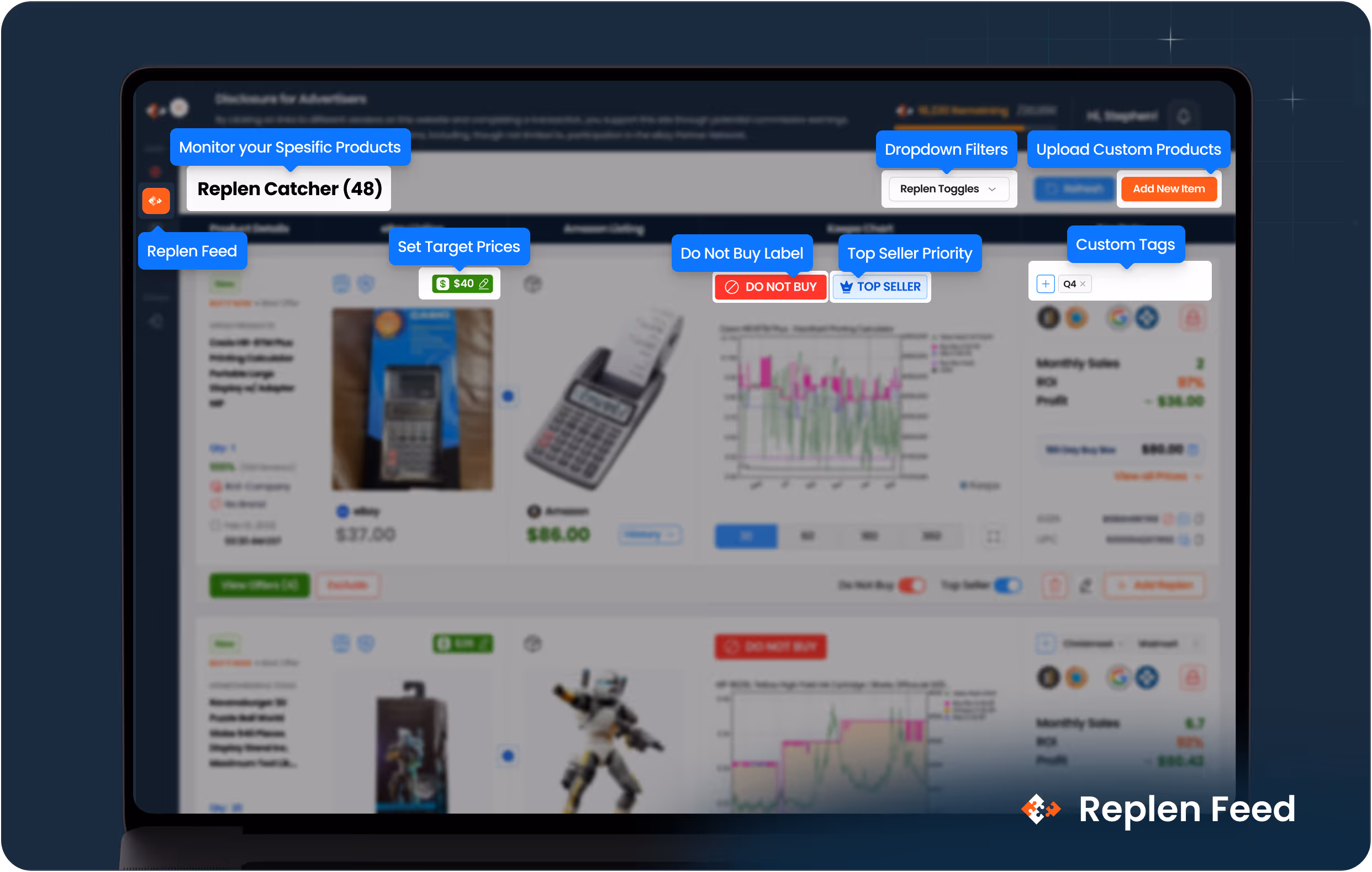 Screenshot of Replen Feed product monitoring dashboard displaying specific products, target prices, dropdown filters, custom tags, and labels such as Do Not Buy and Top Seller Priority.