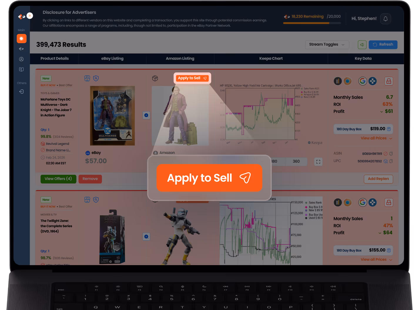 Laptop screen showing an online selling dashboard with product listings, pricing, sales data, and an orange 'Apply to Sell' button overlay.