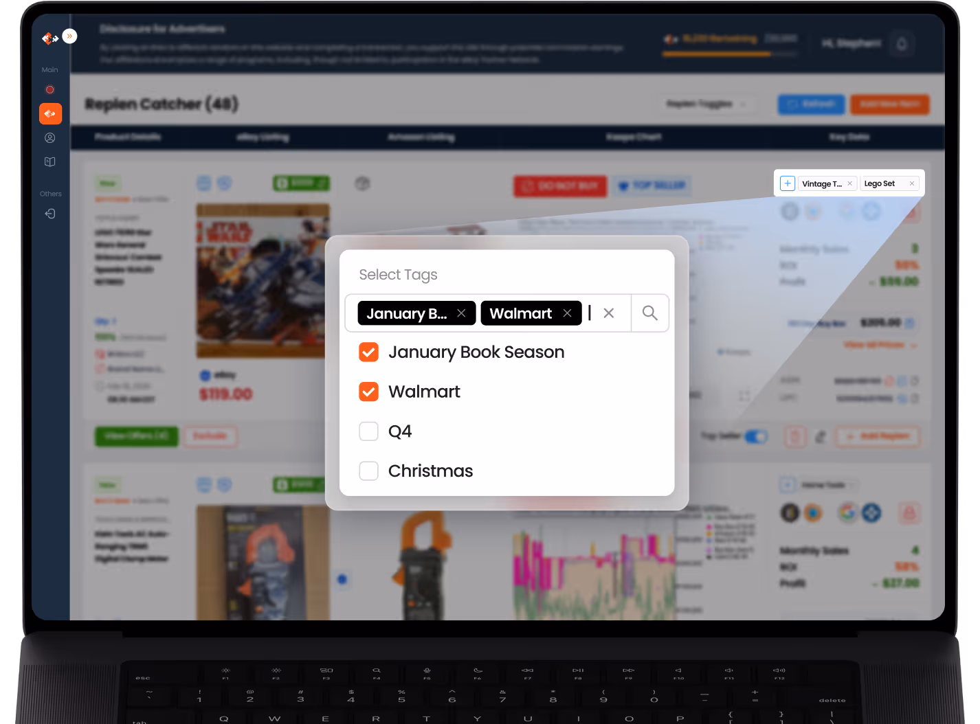 Laptop screen showing a product management dashboard with a pop-up window for selecting tags including January Book Season and Walmart.