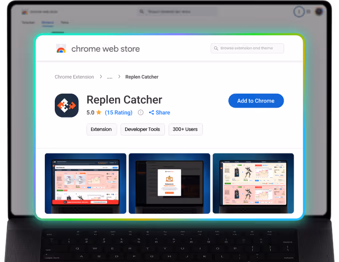 Chrome Web Store page for the Replen Catcher extension showing its rating, user count, and screenshots of the extension interface.