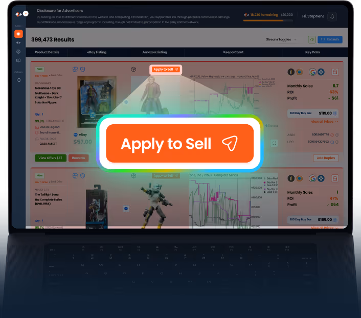 Laptop screen showing an e-commerce platform with listings, charts, and financial data, highlighted by a glowing orange Apply to Sell button in the center.