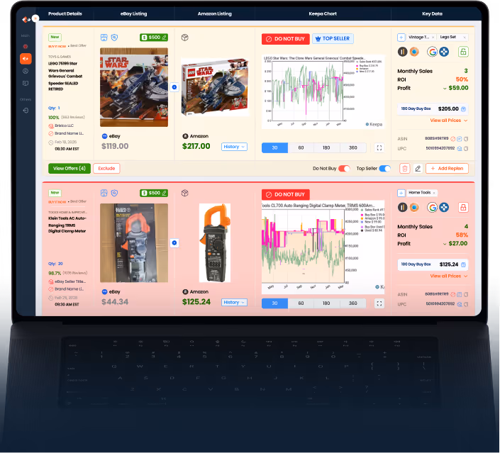 Laptop screen showing an e-commerce product status dashboard with listings from eBay and Amazon for two products: a Star Wars LEGO set and a digital clamp meter, including prices, sales data, ROI, profit, and Keepa charts.