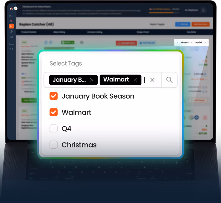 Screen showing a tag selection popup with tags 'January Book Season' and 'Walmart' selected, and unchecked tags 'Q4' and 'Christmas'.
