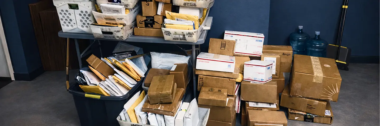 Piles of various-sized cardboard boxes and padded envelopes stacked on the floor and a table in a room with dark blue walls.