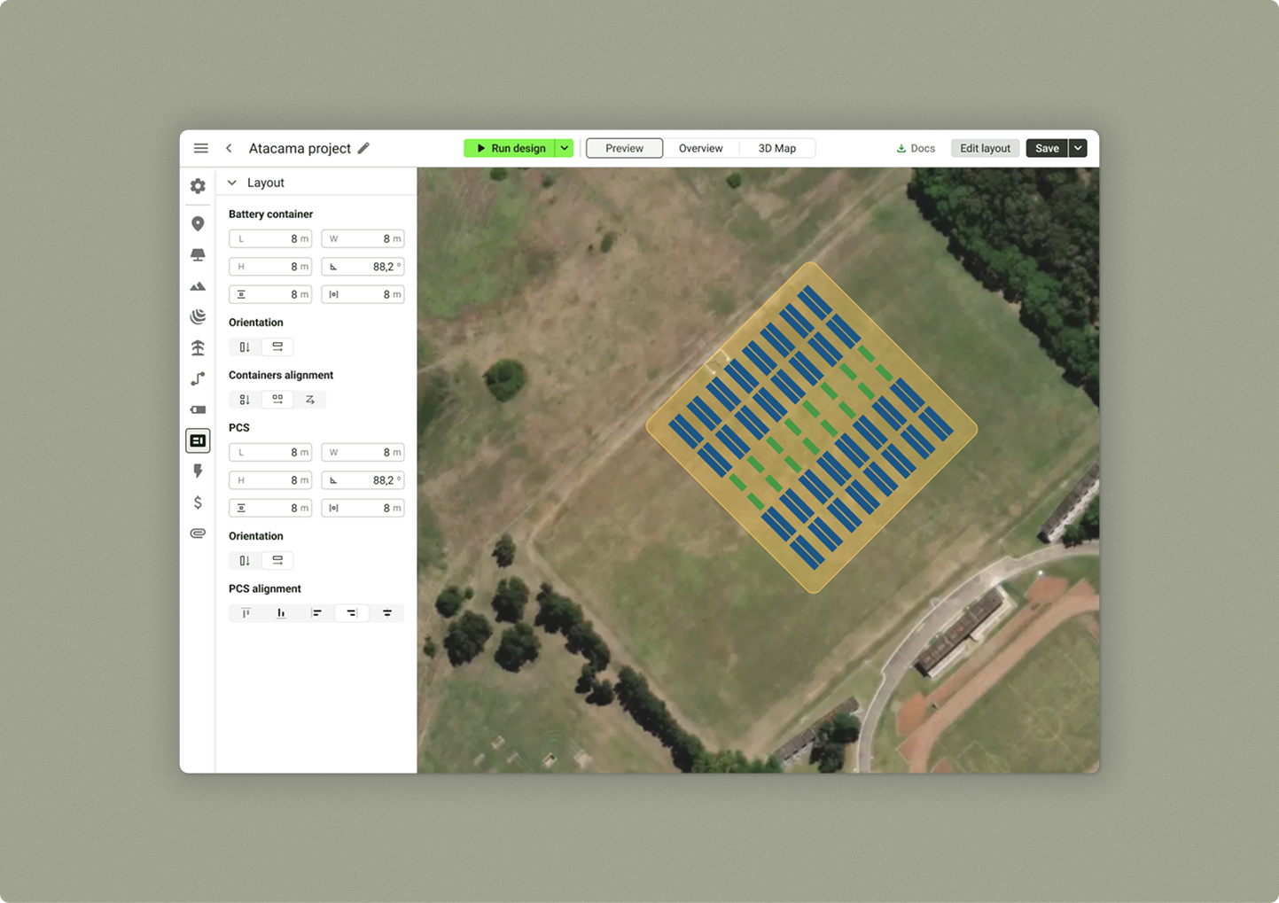 Software interface showing solar panel layout design on a field map with adjustable container and PCS settings.