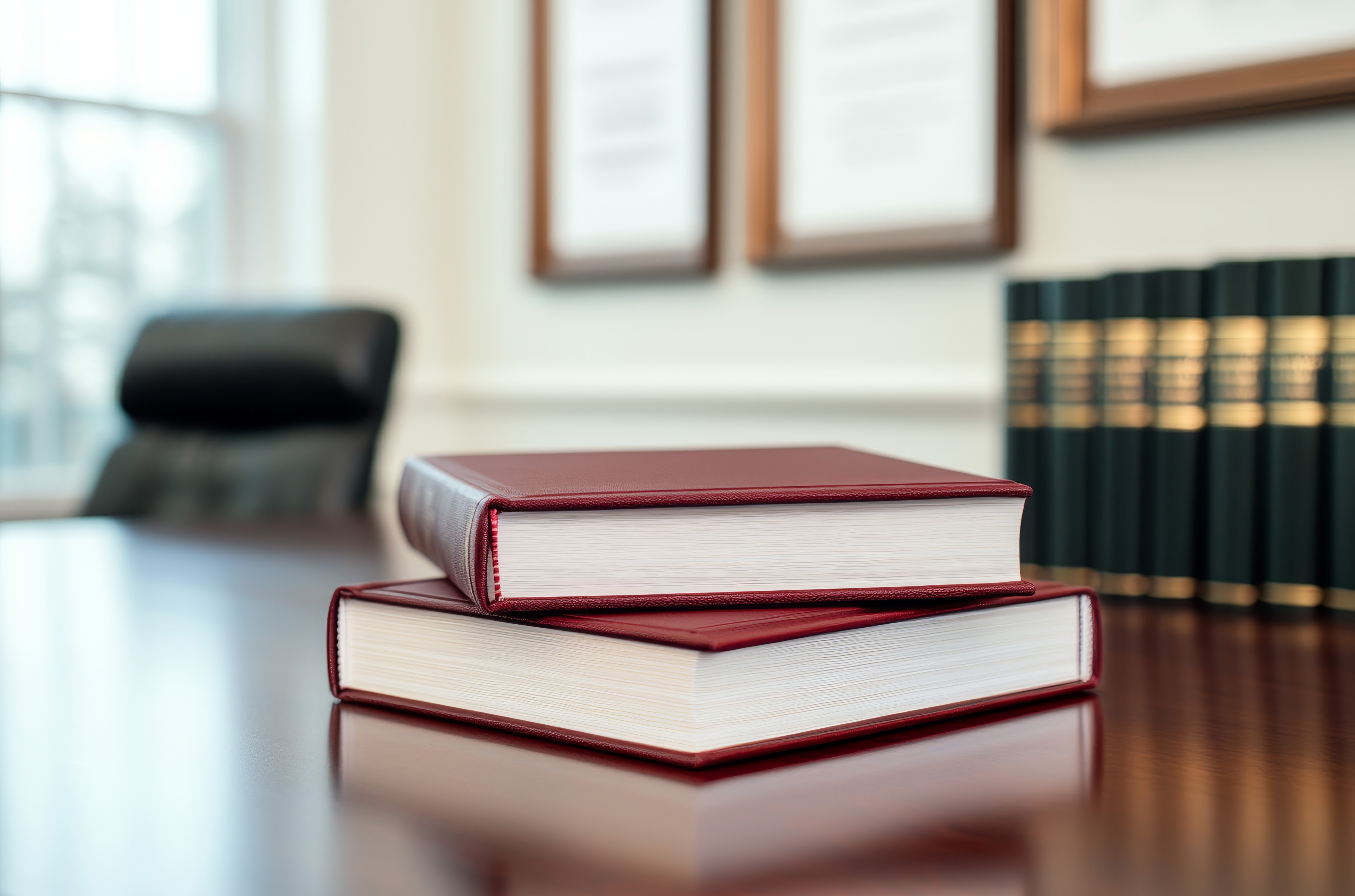 Deux livres de droit aux couvertures rouge et noire empilés sur une table en bois verni dans une bibliothèque juridique.