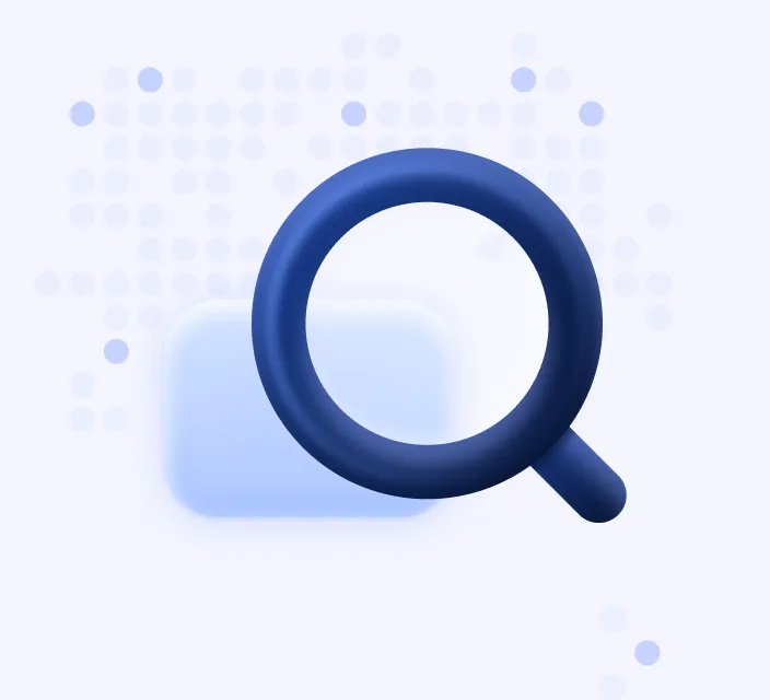 Blaue Lupe vor verschwommenem rechteckigen Hintergrund mit Punkten.