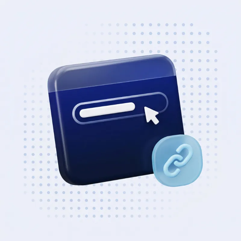 3D-Illustration eines Browserfensters mit einer Suchleiste und einem Cursor, daneben ein Symbol einer Kette für Links.
