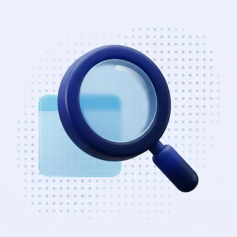 Grafische Darstellung einer blauen Lupe über einem abgerundeten Quadrat mit Punkten im Hintergrund.