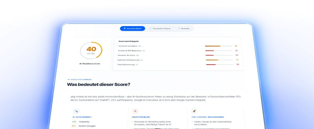 Dashboard mit einem KI-Bereitschaftswert von 40/100 sowie Einblicken in technische Faktoren und Verbesserungsvorschlägen