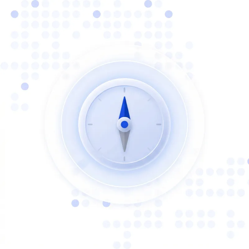 Ein stilisierter Kompass mit dunkelblauem Nordenzeiger und grauem Südenzeiger auf einem weißen Hintergrund mit dezenten blauen Punkten.