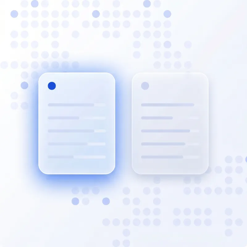 Zwei transparente Karten mit Textlinien, die erste ist hervorgehoben mit blauem Punkt und Leuchteffekt.