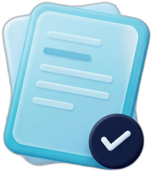 Blaues Dokumentsymbol mit einem weißen Haken in einem dunklen Kreis unten rechts.