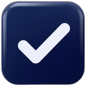 Weißes Häkchen-Symbol auf dunkelblauem quadratischem Hintergrund mit abgerundeten Ecken.