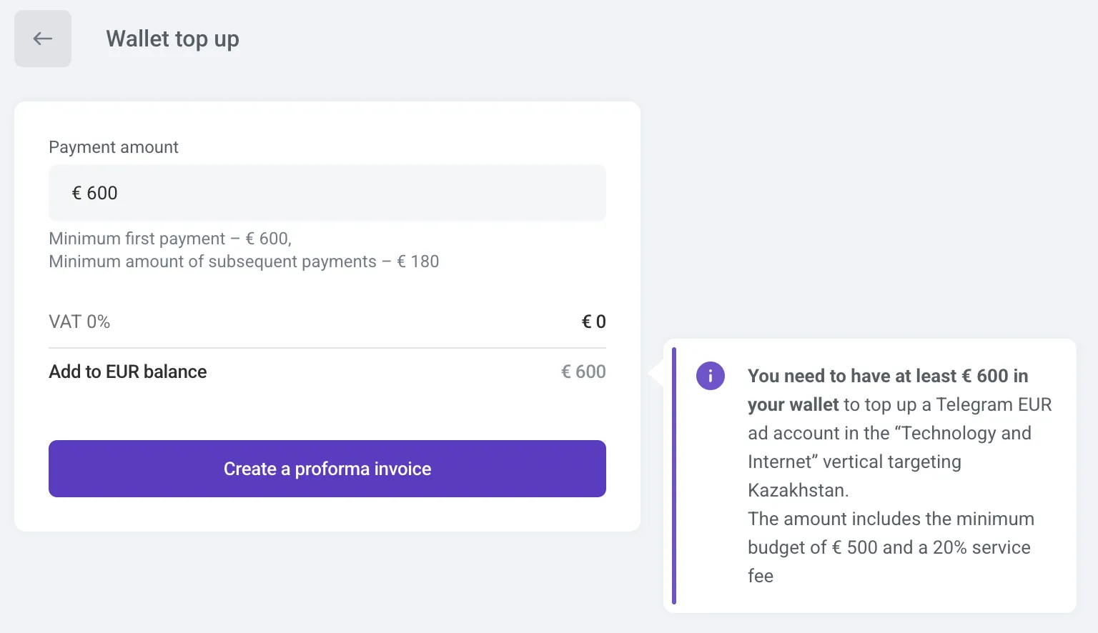 The payment is shown in euros because a Euro-based Telegram Ads account was selected. If needed, you