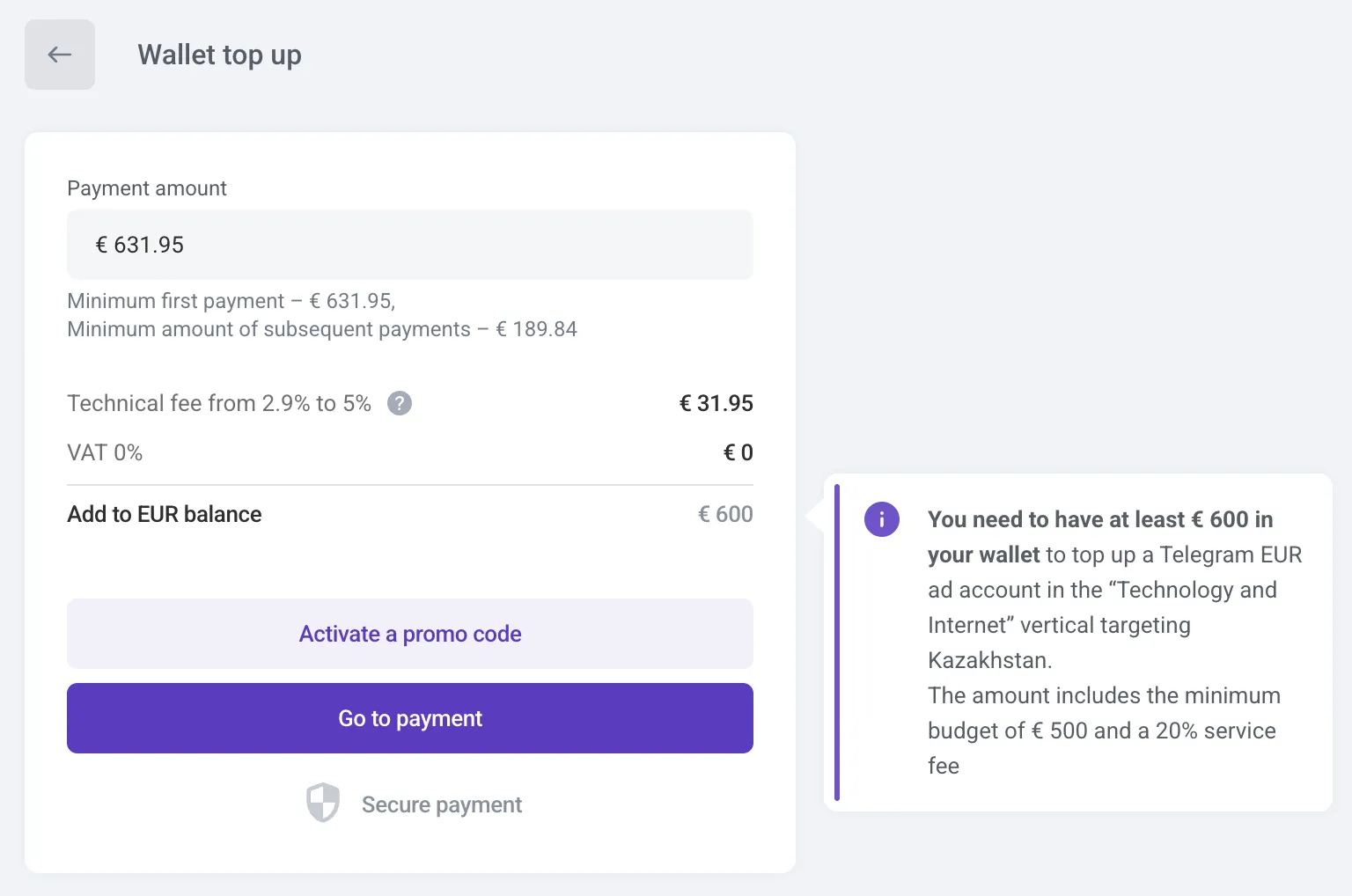 The payment is shown in euros because a Euro-based Telegram Ads account was selected. If needed, you