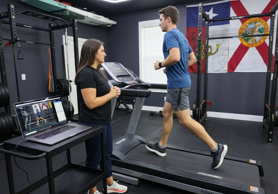 Runner undergoing a running gait analysis with a physical therapist at a sports physical therapy clinic in St. Augustine, FL