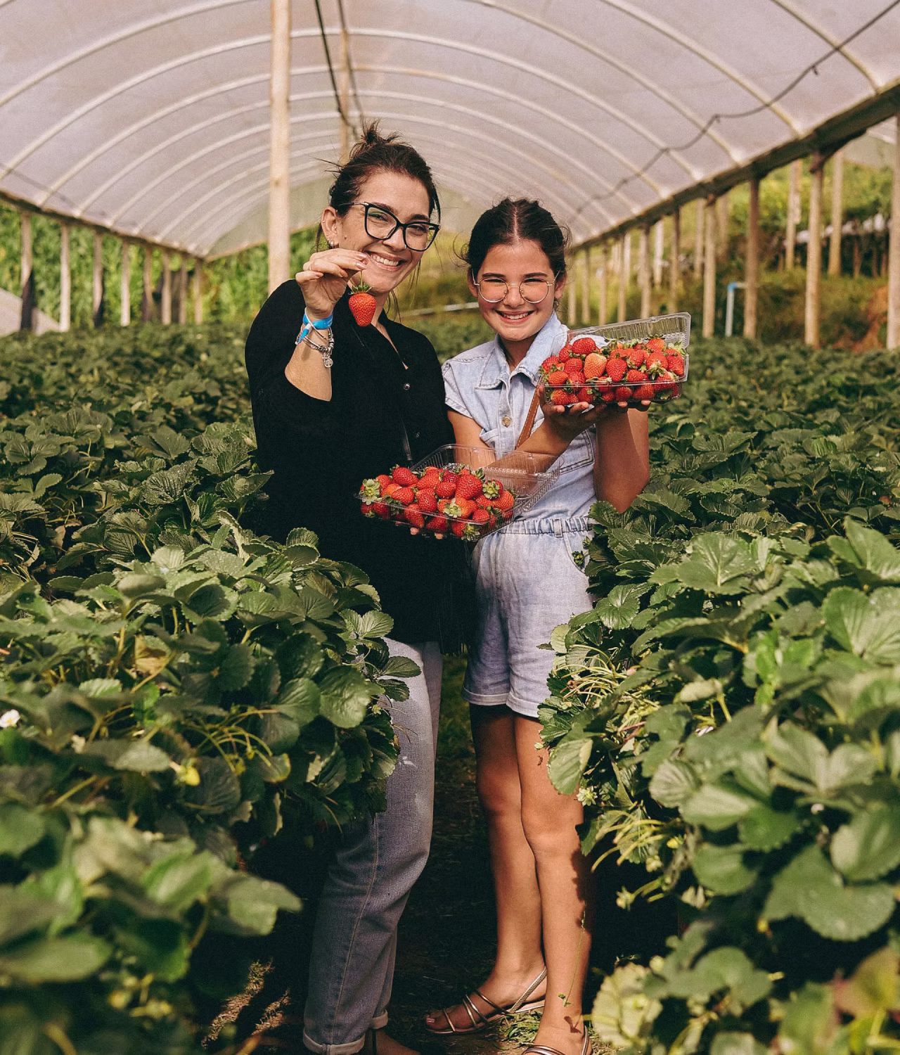 Two smiling girls holding containers of fresh strawberries in a greenhouse garden.
