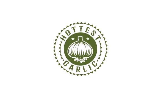Round green stamp with garlic bulb icon and text hottest garlic around the circle.