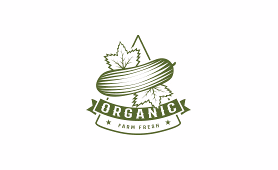 Green organic farm fresh logo with a cucumber and leaves on a white background.