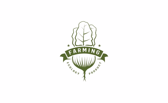 Green farming logo with a leaf, root, and ribbon reading Ecology Product Farming.