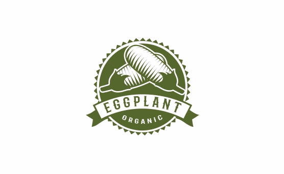 Green round badge with two eggplants and banner reading ‘Eggplant Organic’ on white background.