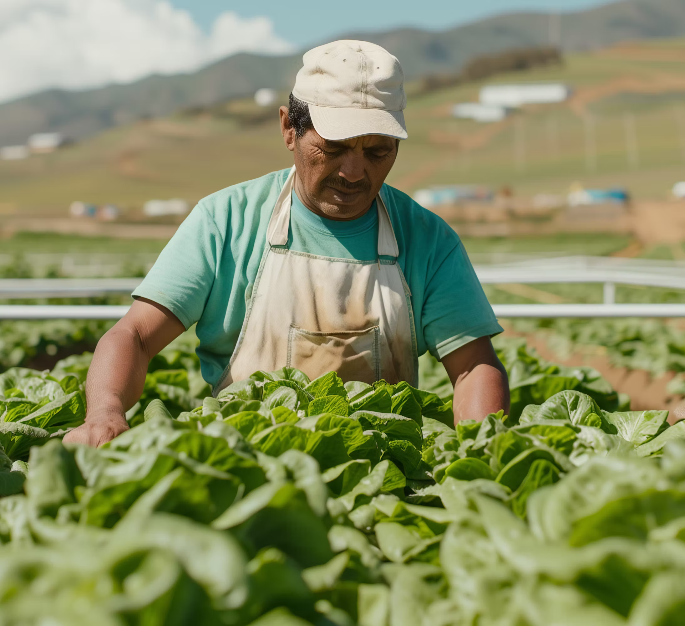 Man in a cap and apron harvesting leafy greens in a large outdoor garden under sunlight.
