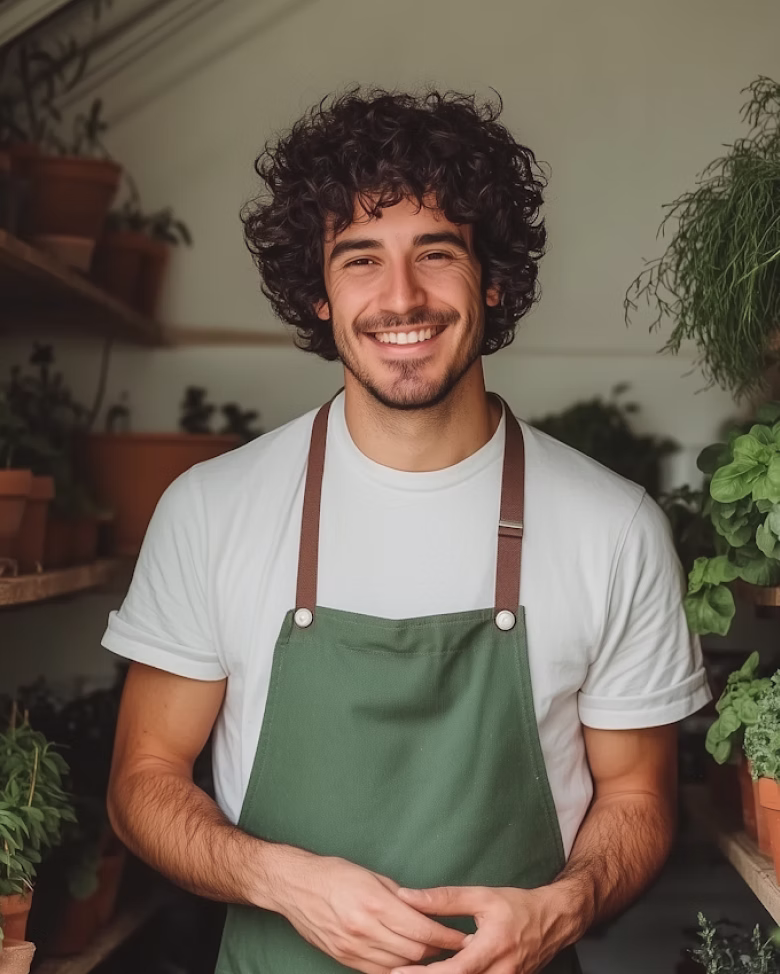 Smiling man with curly hair wearing a green apron and white t-shirt in a plant-filled room.