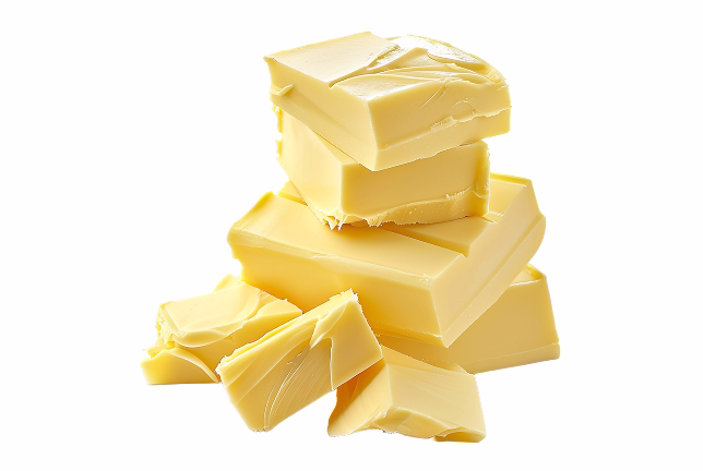 Stack of fresh butter slices with smooth and creamy texture on a white background.