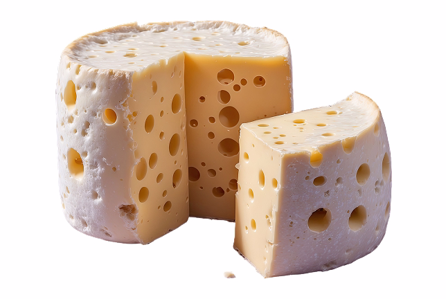Round Swiss cheese block with a wedge cut out showing holes typical of Emmental cheese.