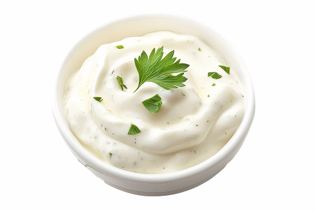 Bowl of creamy white dip garnished with fresh green parsley leaves.