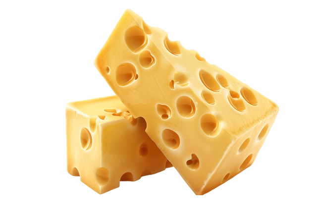 Two blocks of yellow Swiss cheese with holes stacked on a white background.